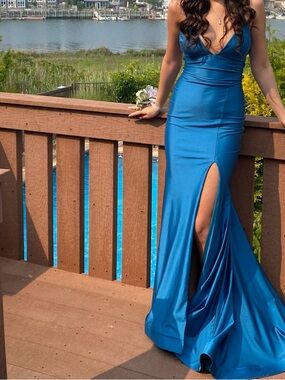 Teal-Blue Satin V-Neck Prom Gown with High Slit